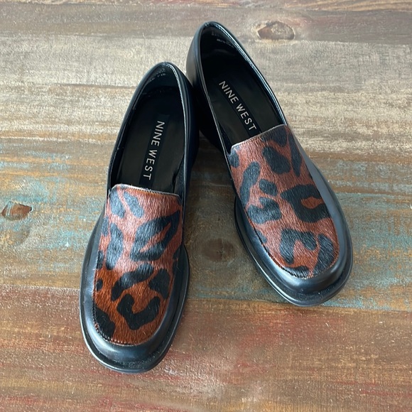 Nine West Shoes - Nine West, Black Leather, Black and Brown Faux Leopard Upper, Brazil made, 6.5 M